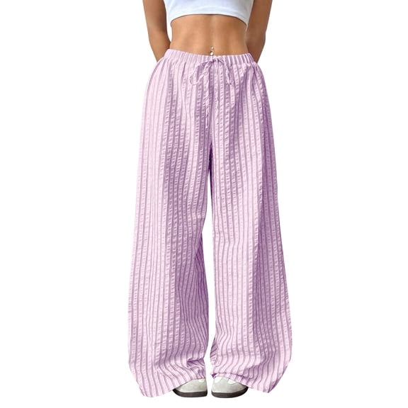 Edvintorg Women's Pants Spring Summer Striped Mid Waisted Lounge Pants with Drawstring Comfy Wide Leg Trousers Women Fashion