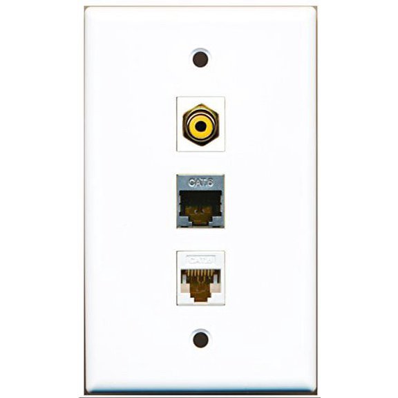 RiteAV - 1 Port RCA Yellow and 1 Port Shielded Cat6 Ethernet and 1 Port Cat6 Ethernet White Wall Plate