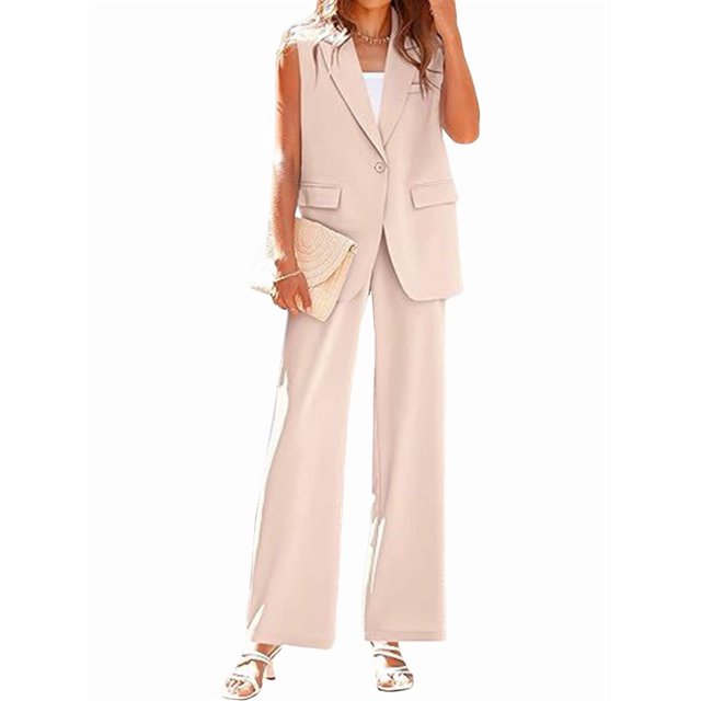 Conjuntos de 2 Piezas para Mujer: Chaleco Sin Mangas y Pantalón , Conjunto de Blazer Informal de Negocios. Caqui XL