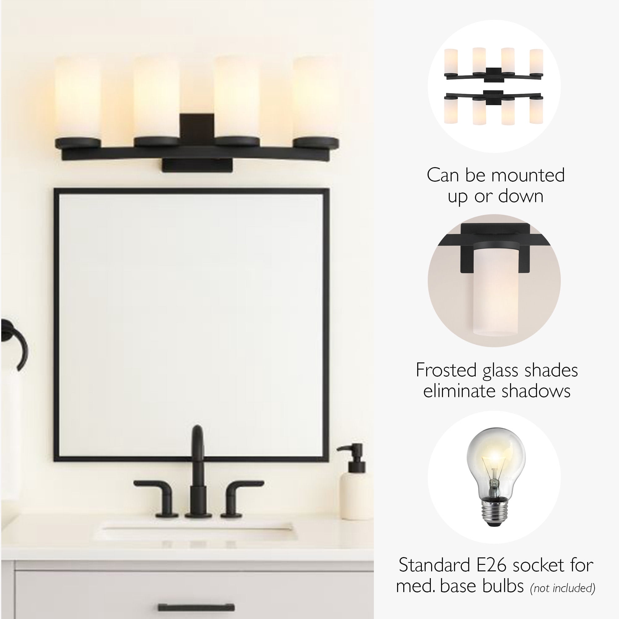 Breckham 4-Light Vanity Light in Black, 30.0 in Curved Bar with Frosted Glass