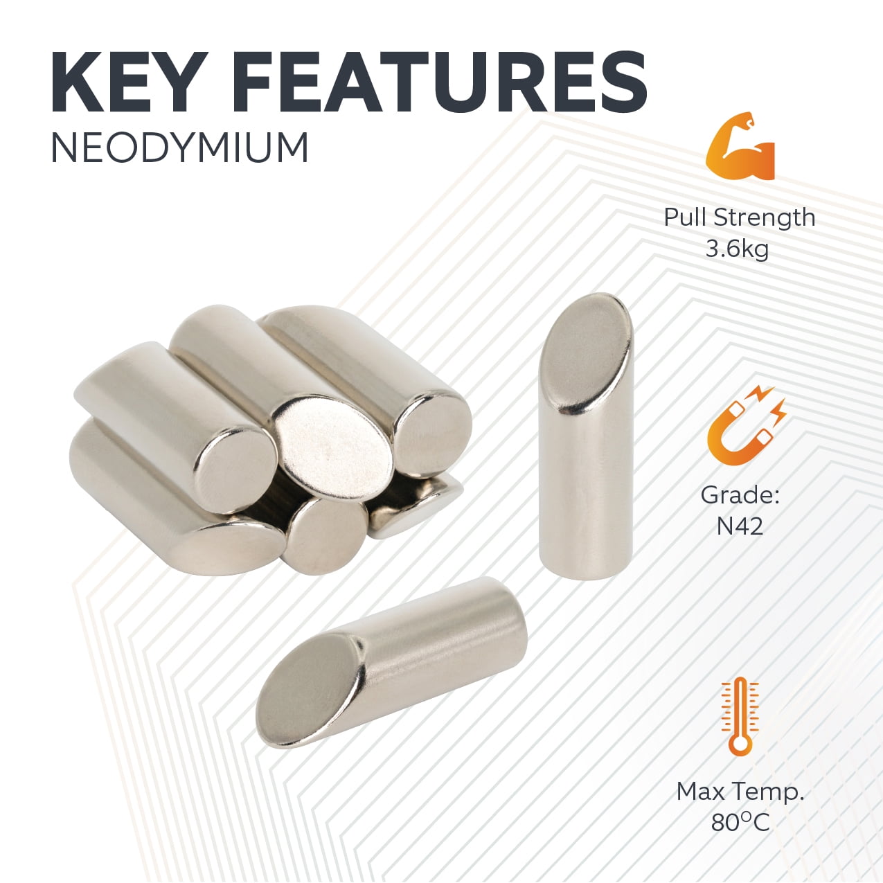 N42 Neodymium Mitre Magnet - 10mm dia x 30mm thick - 7.93lbs Pull - Pack of 4 - South
