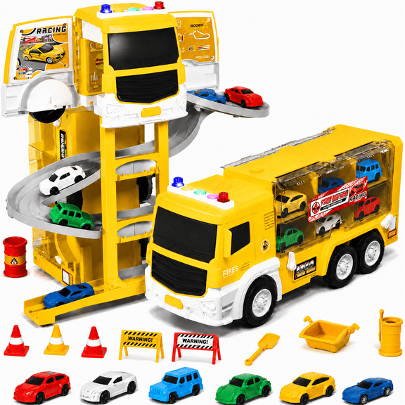 Lenbar Transforming Carrier Truck, 3-Level Parking Garage for Kids with 6 Cars, Spiral Race Track, One-Button Launcher, Truck Gift for Kids Ages 3