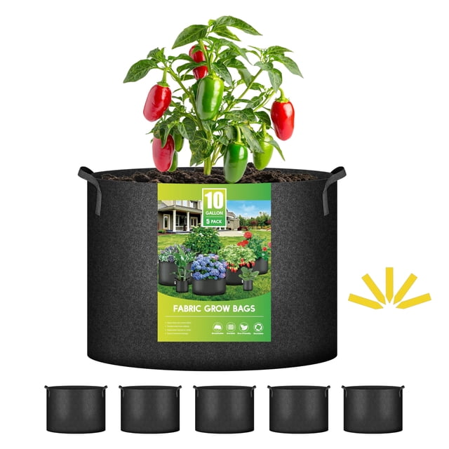 Bolsas para cultivo de plantas iPower, tela no tejida, 10 galones, paquete de 5, color negro