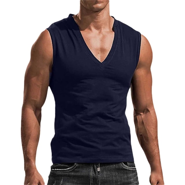 Camiseta sin mangas de cuello en V lisa para hombre: camiseta informal transpirable sin mangas para el verano, la playa y el entrenamiento.