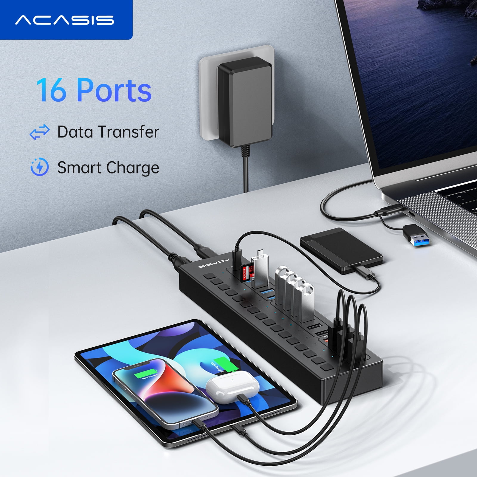 ACASIS 16 Ports USB 3.0 Hub with 5Gbps Data Speed，Aluminum Housing, USB Hub Powered with 60W Power Adapter, USB Hub for PC/Laptop, Computer, Flash Drive, Printer, Camera
