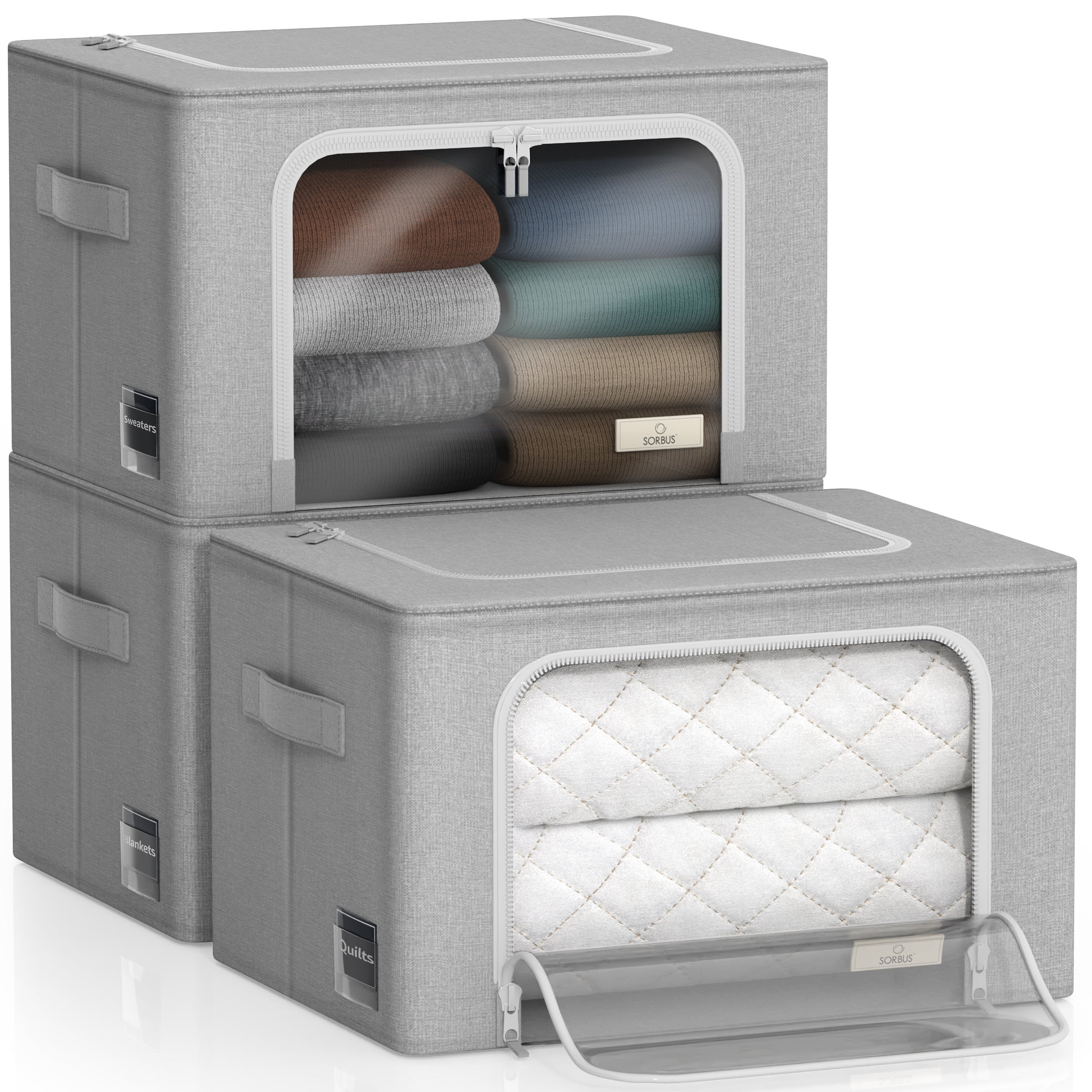 Sorbus Storage Bins with Metal Frame - Stackable & Foldable Clothes Organizer Bags - Oxford Fabric Storage Containers with Large Clear Window & Carry Handles Organization for Bedding Linen & Clothing
