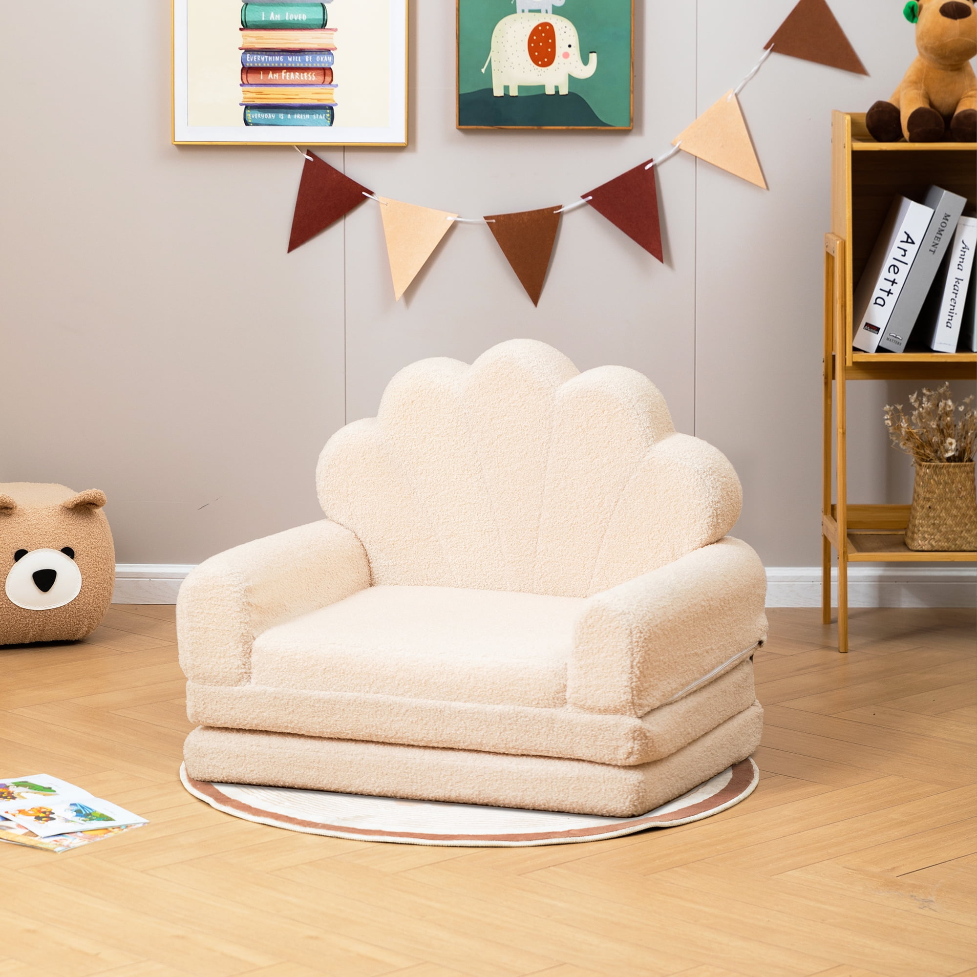 spanspace Kids Chairs for Toddler,Flip-Out 2-in-1 Convertible Chair to Lounger for Girls and Boys, Teddy Fleece Fabric,Cream