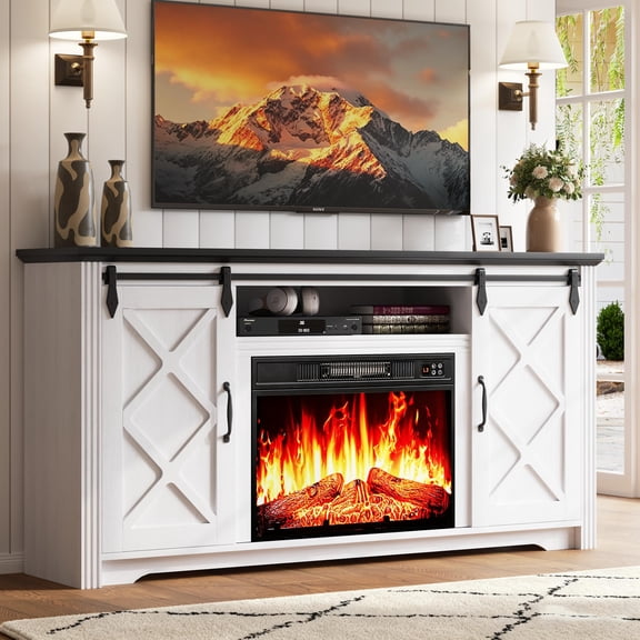 PAPROOS Fireplace TV Stand with Sliding Barn Doors & 2 Built-In Drawers for TVs up to 70", Farmhouse Entertainment Center with Fireplace, Adjustable Shelves, TV Console for Living Room, White Black