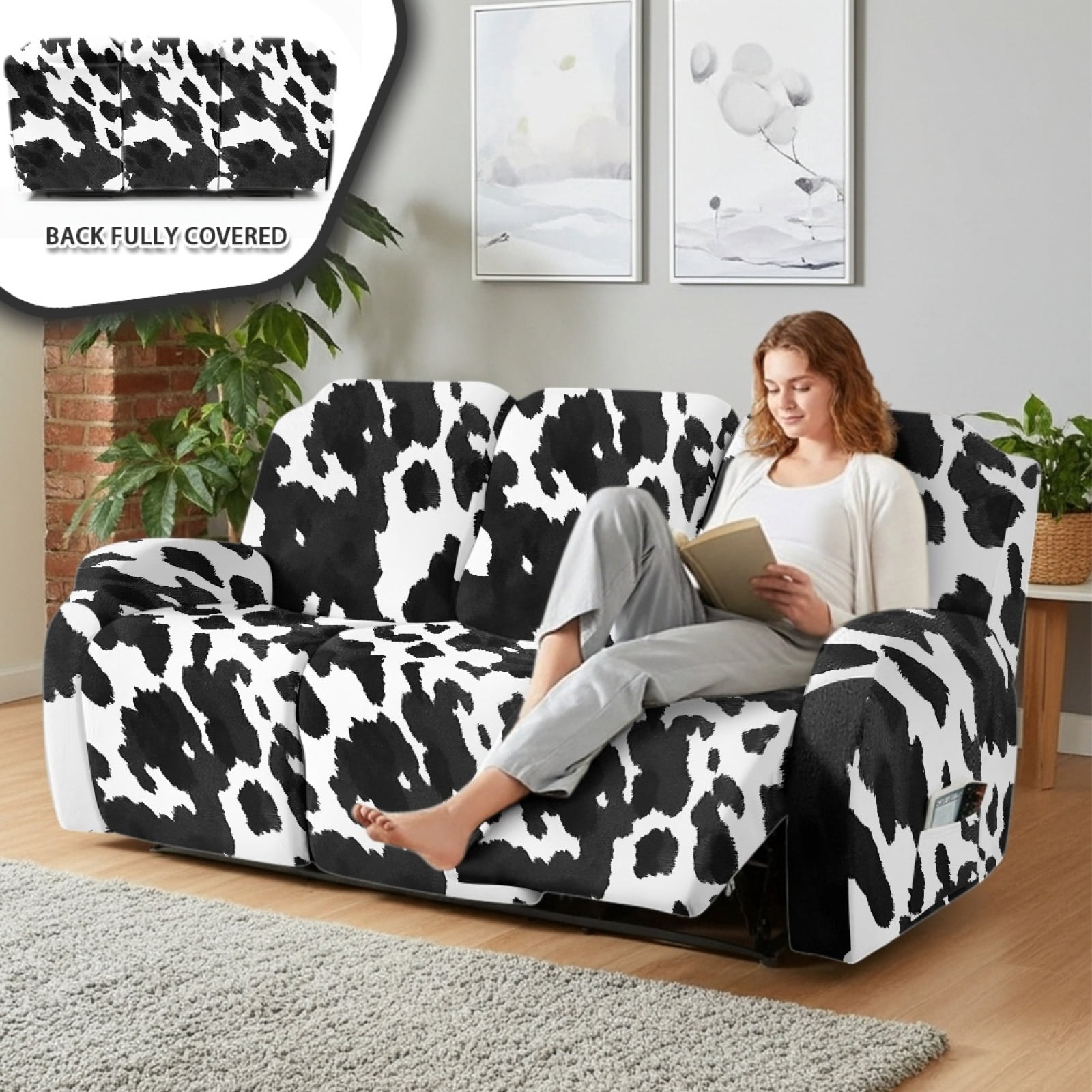 COEQINE Reclining Sofa Cover Universal 3 Seater Stretch Sofa Recliner Cover 8 Pieces Recliner Couch Slipcover Polyester Furniture Protector for Kids, Pets, Black White Cow Print