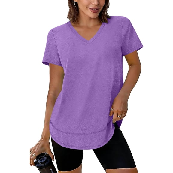 CQONEPT Women's Short Sleeve Top Athletic Running Blouse Tops V Neck Blouse Dressy Casual Outdoor Tunic Tops Purple S