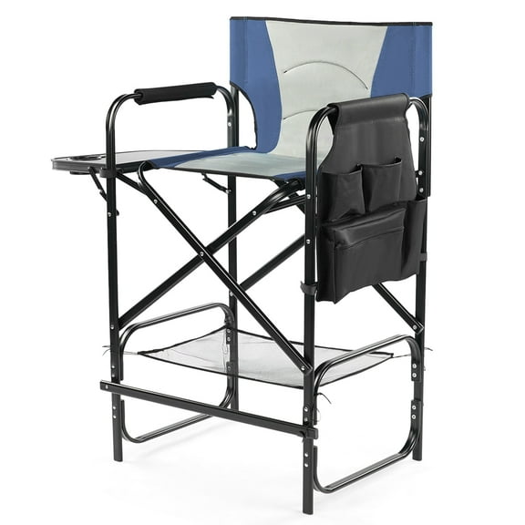 31" Tall Directors Chair with Footrest, 4Portable Bar Height Folding Camping Chair with Built-in Cup Holder, Side Table, Storage Pocket, Gray & Navy