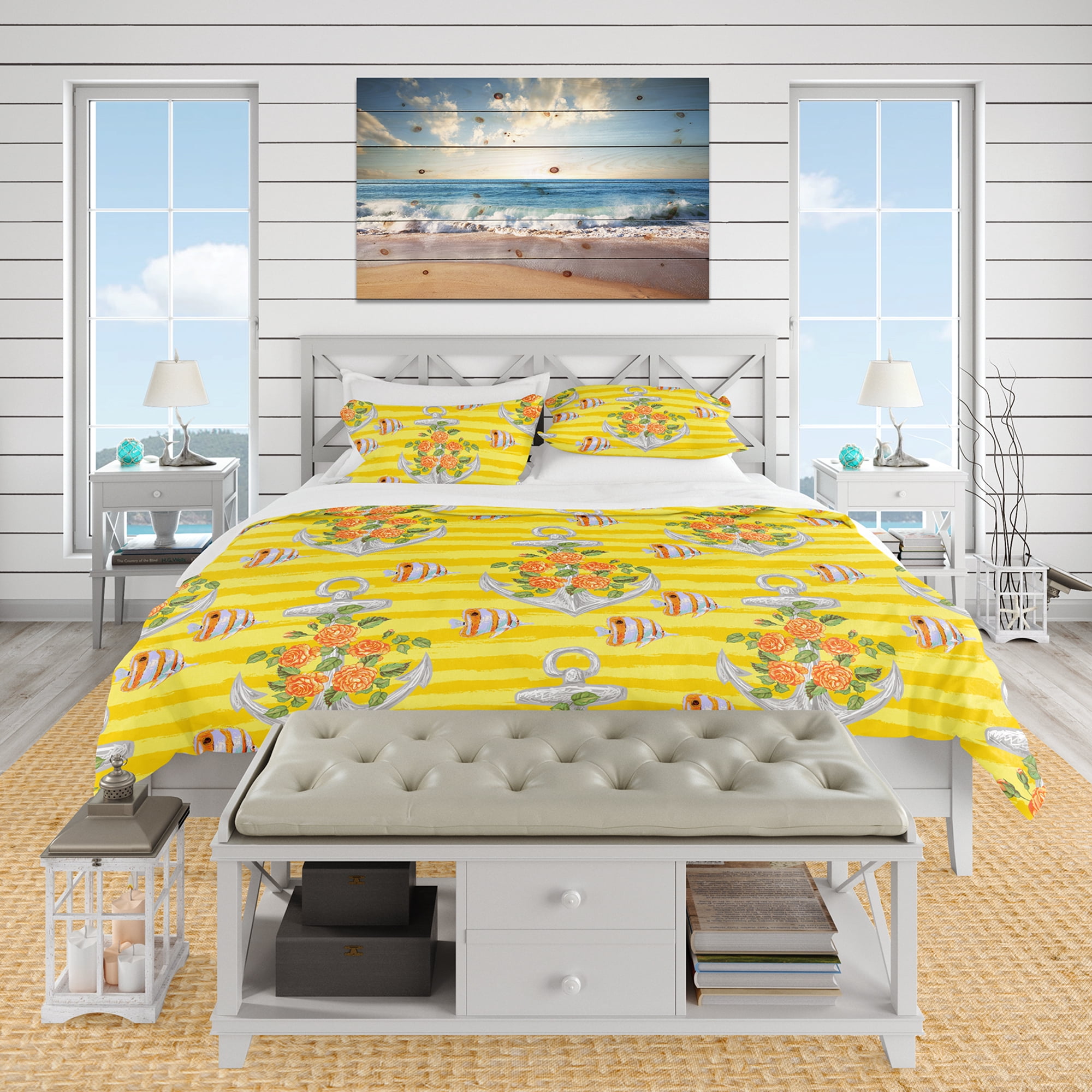Designart 'Yellow Anchor Pattern' Nautical & Coastal Duvet Cover Set