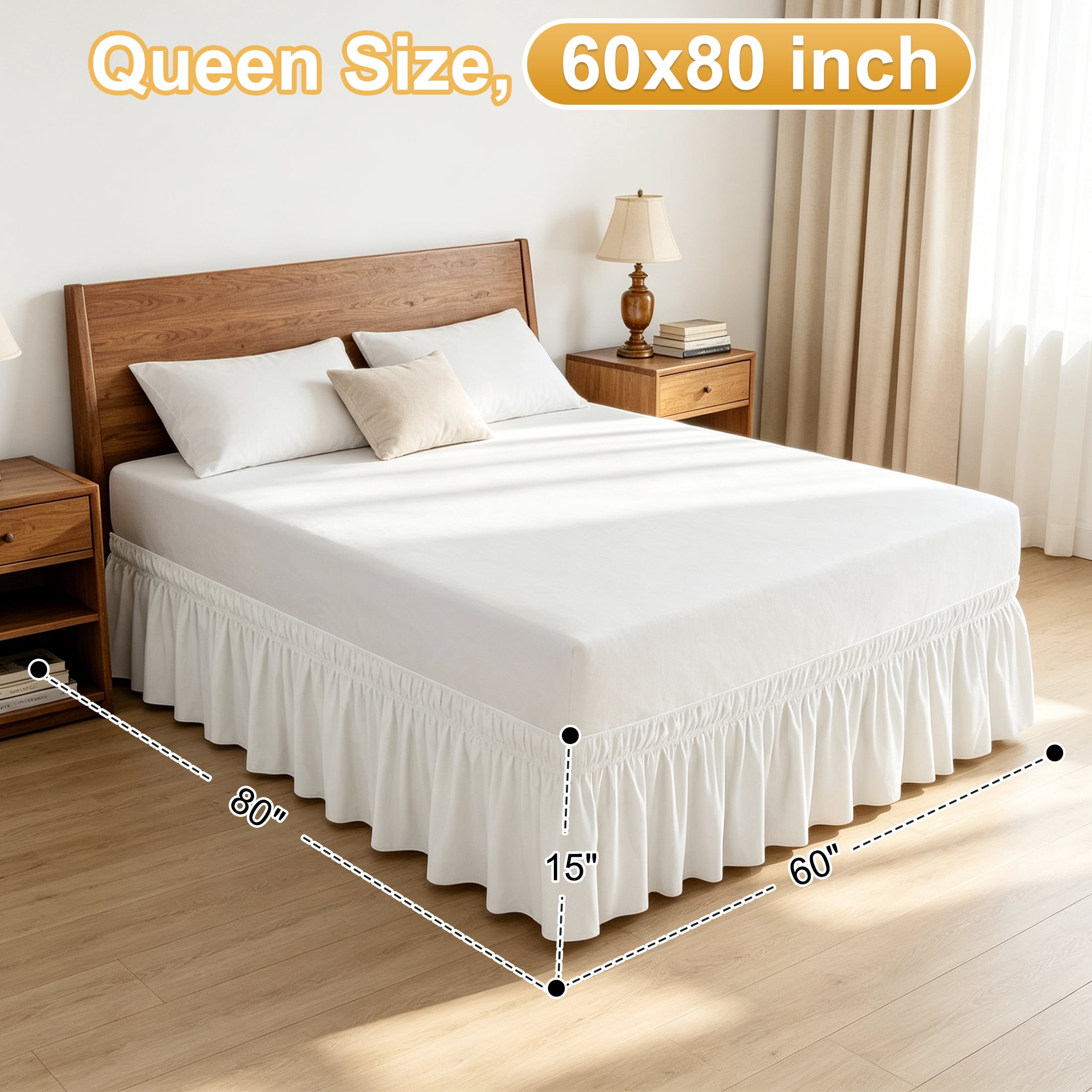 Queen Size Wrap Around Bed Skirt, 15 Inch Drop Elastic Ruffled Bed Skirt, No Lift Mattress Easy‑Fit Dust Ruffle, White Wrinkle Resistant Soft Fabric Bed Skirt