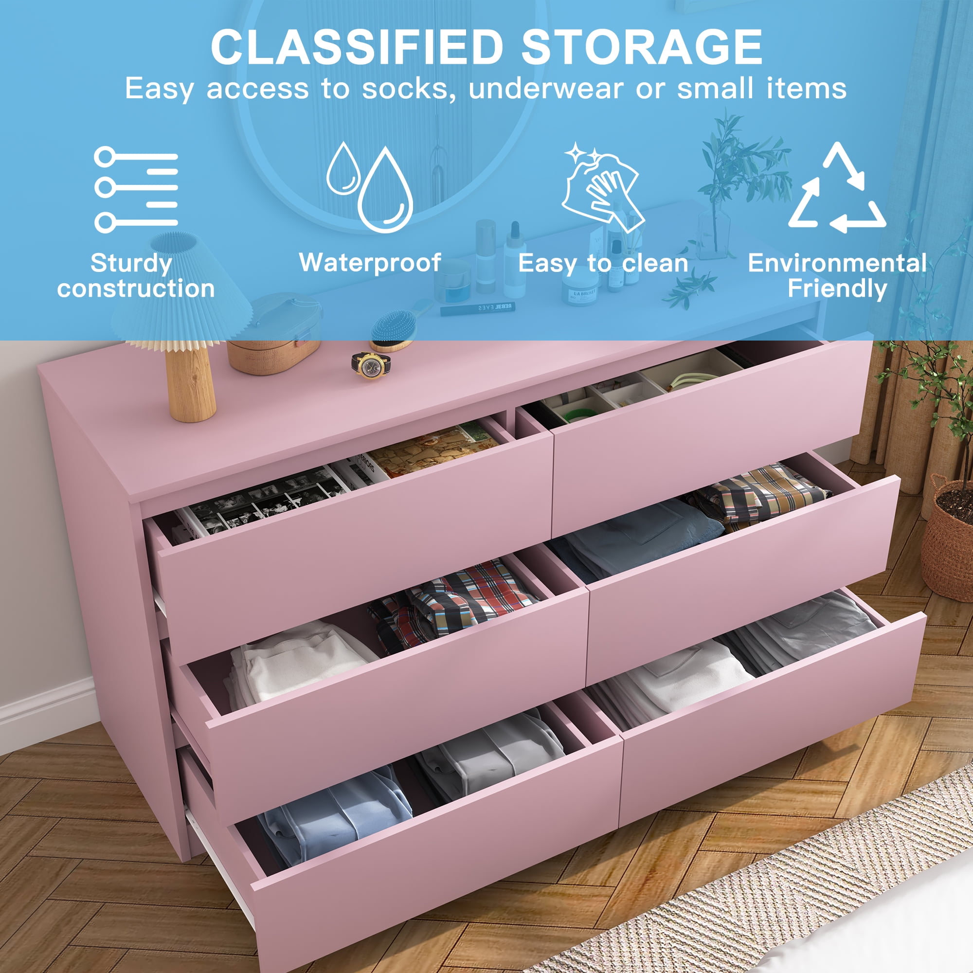 Kadyn Pink Chest of Drawer, 6 Double Drawer Dresser for Bedroom, Modern Storage Cabinet for Living Room, Dresser
