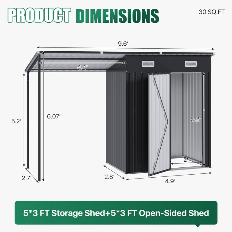 Clouddwell Metal Storage Shed with Hardtop Pergola 10x3 ft 2-in-1