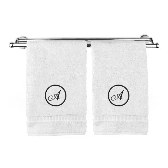 Monogrammed Hand Towel, Personalized Gift, 16 x 30 Inches - Black Letter Embroidered with Circle Design on White Towel - Extra Absorbent - 100% Turkish Cotton - Soft Terry Finish - Initial A