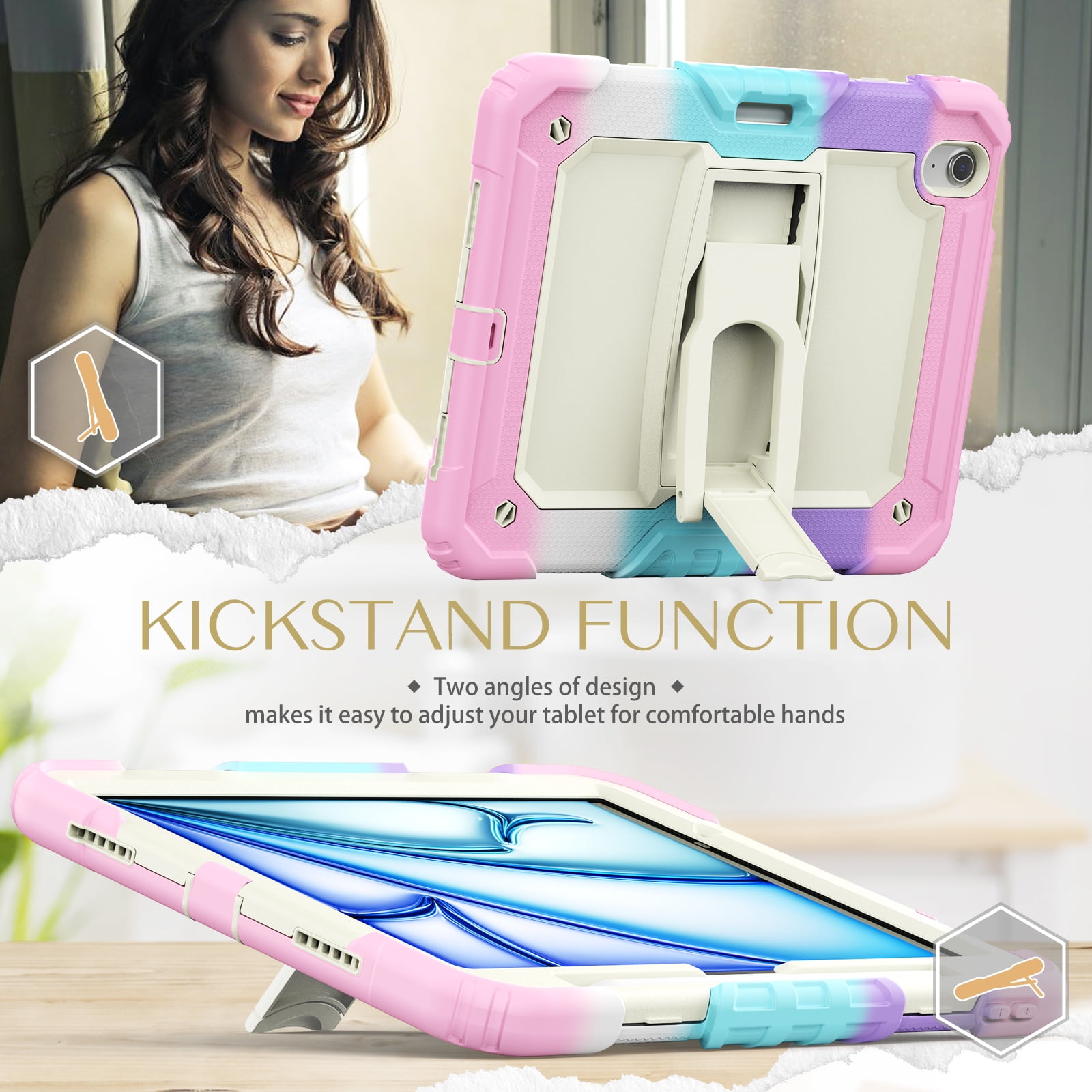 Dteck Built-in Screen Protector Case for iPad Air 11 inch 2025/2024 ,Heavy Duty Silicone Case Foldable Stand Cover Built-in Pencil Holder with Shoulder Strap for iPad Air 11-in. M3/M2,Colorful/Pink