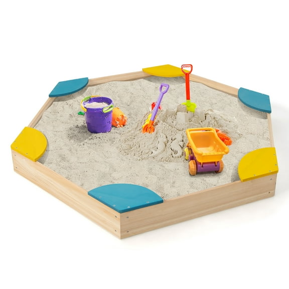 Costway Wooden Sandbox with Seats, Outdoor Backyard Bottomless Sandpit for Kids, Multicolor, 9 lb