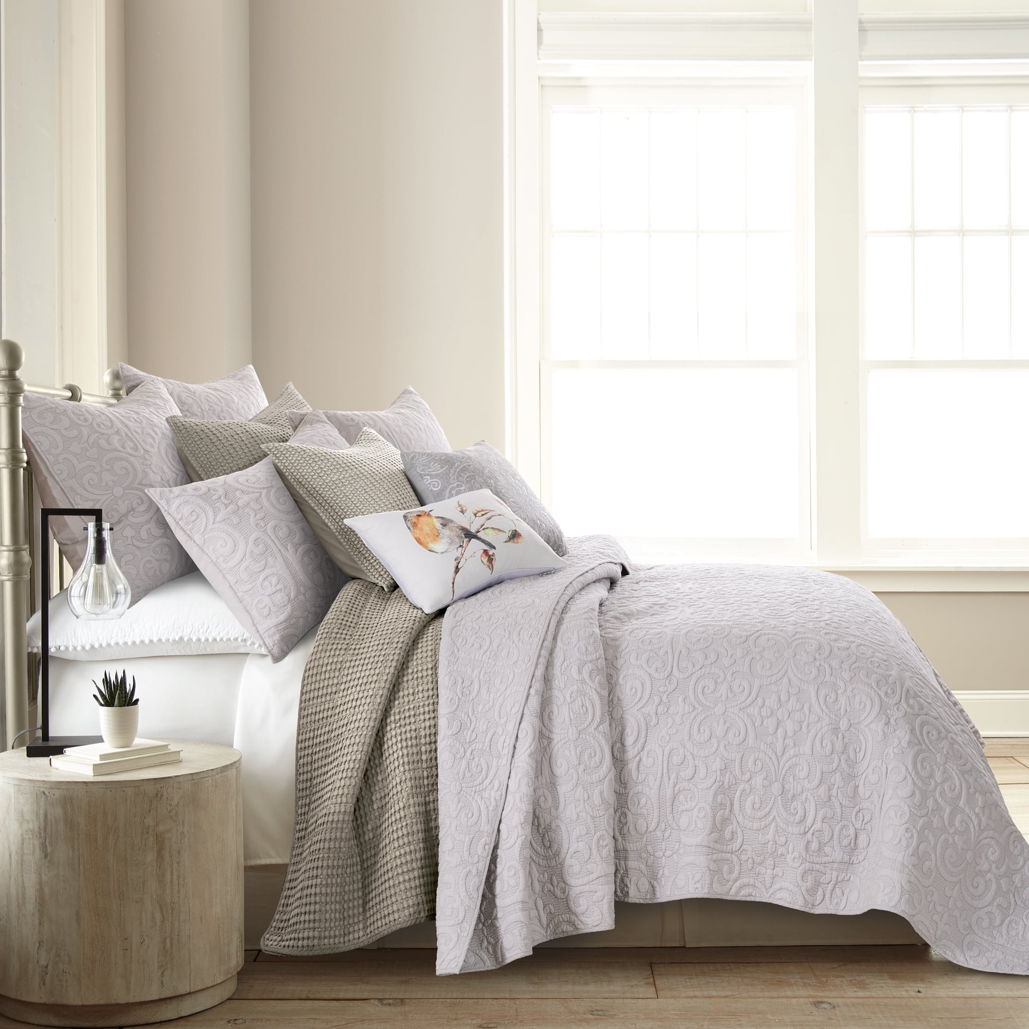 Levtex Home Birch Hill Sherbourne Quilt - Quilted Medallion White with Grey Stitch -Full/Queen Quilt (88x92) - Reversible Pattern - Cotton Front/Microfiber Reverse - Shams Sold Separately
