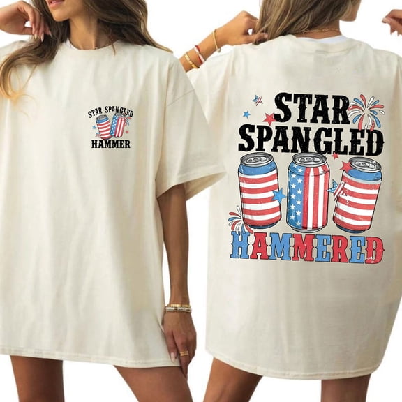 Unisex Patriotic Graphic T-Shirt, “Star Spangled Hammered” 4th of July Design, Red White and Boozy USA Tee, Cotton Crew Neck, Sizes S–5XL