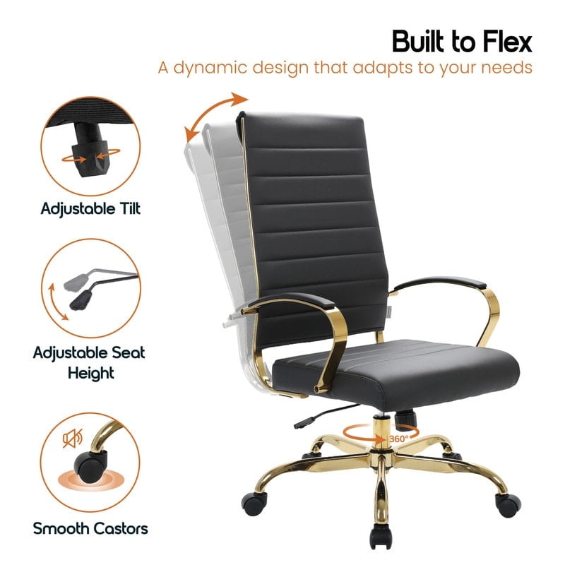 Benmar High-Back Black Leather Office Desk Chair Ergonomic Executive Chair with Adjustable Swivel, Gold Frame with Cushion Support & Silent Wheels for Home Office Workstations