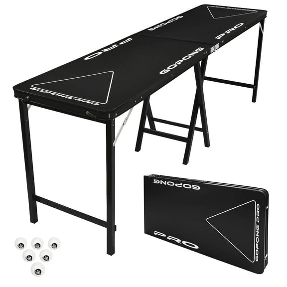 GoPong PRO 8' Portable Folding Beer Pong Table, Indoor Outdoor Party Drinking Games, 6 Balls Included, Taller 36" Table Height