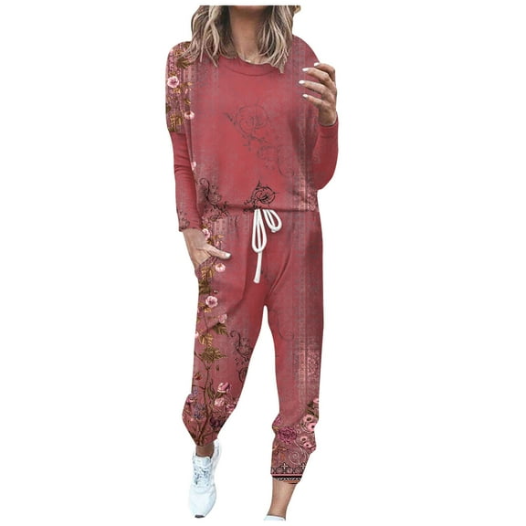Erwazi Two Piece Set for Women Casual Long Sleeve Top Drawstring Joggers Athletic Sweatsuits Floral Print Outfits Sets, Red, 3XL