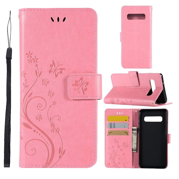 S10 Plus Case, Samsung Galaxy S10 Plus Case - Allytech Premium Wallet PU Leather with Fashion Embossed Flower Magnetic Clasp Card Holders Flip Cover with Hand Strap, Pink