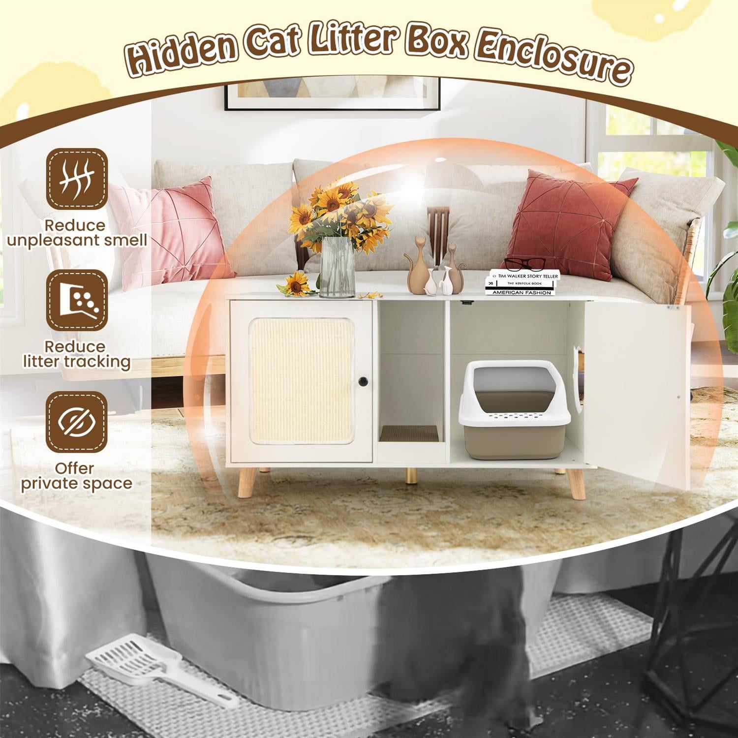 Pefilos 43" Cat Litter Box Enclosure, Double Rooms & 2 Sisal Mats, Rubber Wood Legs, White