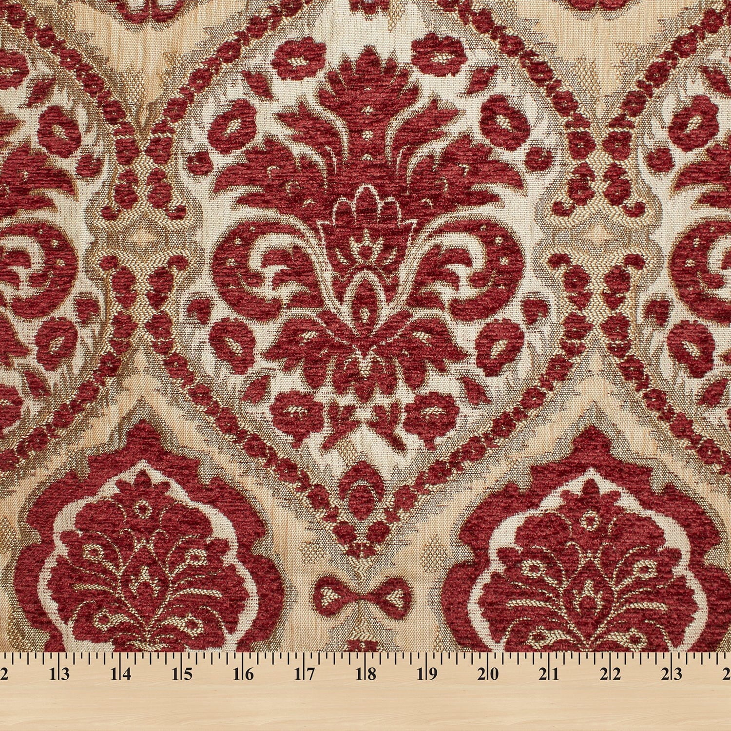 Baroque Floral Two Tone Chenille 57" Heavyweight Upholstery Jacquard Polyester Fabric By The Yard (Beige / Burgundy, 1 Yard)