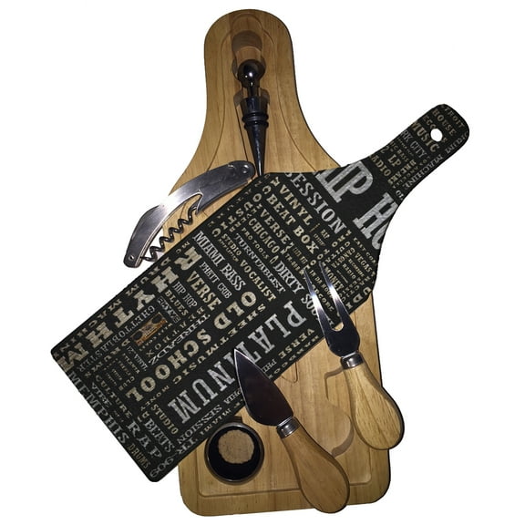 KuzmarK Wine & Cheese Glass Cutting Board Wood Box Gift Set - Hip Hop Platinum