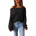 thumbnail image 4 of POGLIP Women's Black Ribbed Knit Foldover Off Shoulder Sweater, 4 of 6