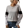 thumbnail image 1 of Mujeres Top Encaje leopardo impresión empalme crewneck manga larga suelta camisa casual pullover para primavera Niñas, 1 of 8