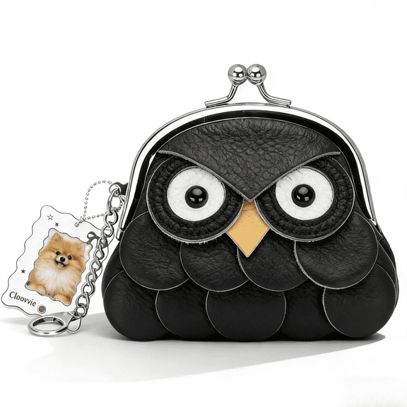 Genuine Leather Owl Coin Purse with Keyring Hook ，Lightweight Wallet Charm Bag/Earphone Case 4.13in x 3.54in x 1.97in Animal Design Mini Leather Purse for Women