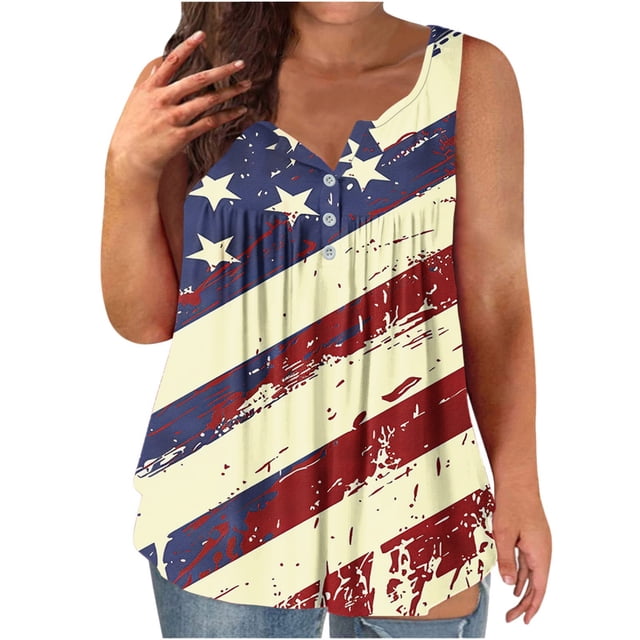 KIHOUT Plus Size Women's 4th of July Tank Top V Neck Button Sleeveless Front Ruffled Print Tunic Tops Beige L