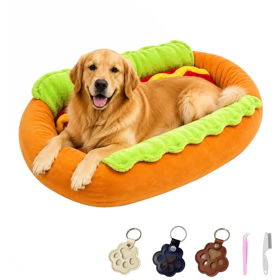 Hot Dog Dog Bed for Dogs & Cats, Cute Hot Dog Bun Pet Bed with Removable Washable Cushion, Soft Plush Cozy Dog Bed Couch, Non-Slip Bottom, Funny Indoor Pet Nest for Dachshund, Puppy & Cat