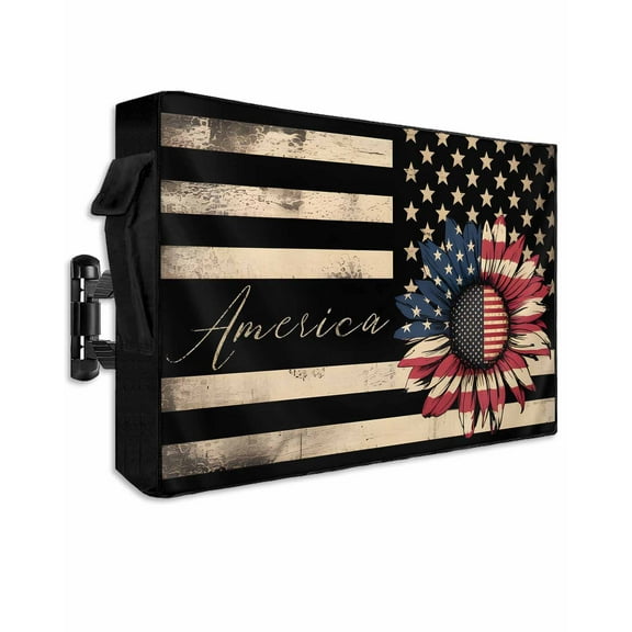 American Flag Outdoor TV Cover 40-43 Inch Weatherproof, Retro Vintage USA Flag Sunflower Outdoor TV Covers, Waterproof TV Covers for Outside TV