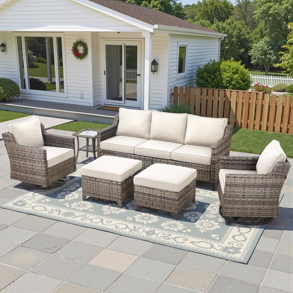 Bellefurn 6 Pieces Patio Furniture Sets with Swivel Chairs,All-Weather Wicker Outdoor Patio Conversation Sets with High Back Outdoor Swivel Rocker Chairs with Couch for Porch Deck Backyard Poolside