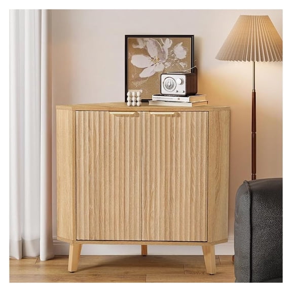 Fluted Corner Cabinet with Power, Small Corner Accent Cabinet with Storage, Adjustable Shelve, Space Saving Sideboard, Multifunctional Organizer for Living Room, Kitchen, Bathroom (Natural)