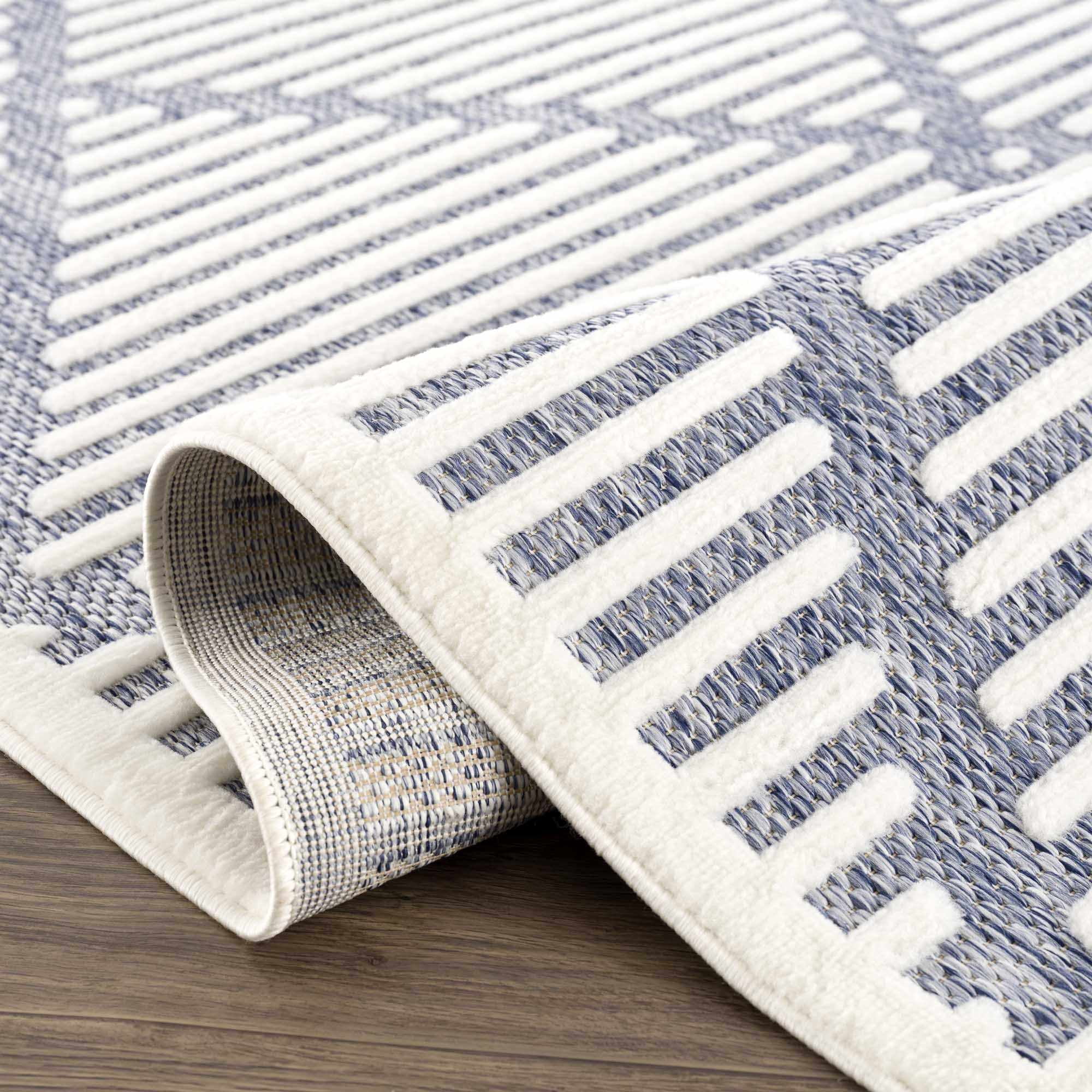 Hauteloom Anah Moroccan Geometric Area Rug - Outdoor Safe - Striped Diamond Performance Carpet for Porch, Patio, Living Room - High Traffic Rug - Blue and White - 7'10" x 10' (8x10 Area Rug)