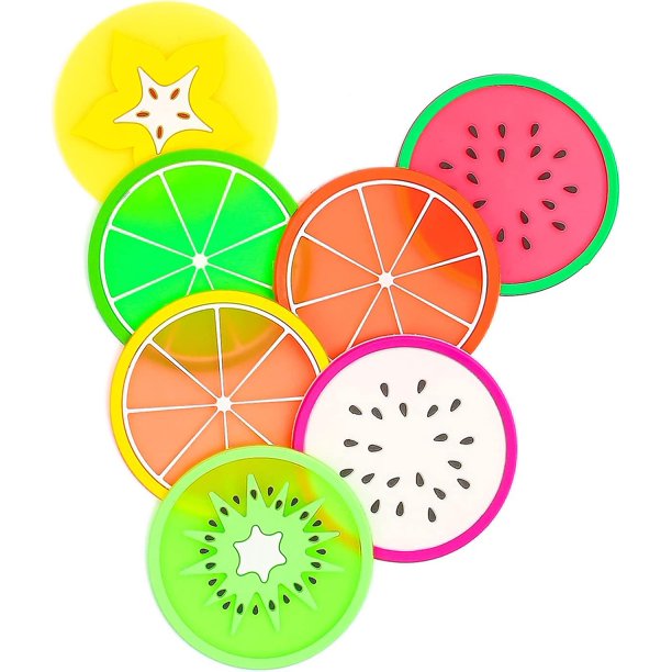 Posavasos de frutas, 7 uds. de 3,5 y quot; posavasos antideslizantes con aislamiento térmico, rebanada única colorida de silicona, taza de bebidas, estera compatible con bebidas para evitar muebles y Afortunado Sencillez