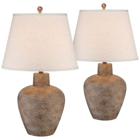 21 Rustic Iron Franklin Iron Works Rustic Table Lamps Set of 2 Hammered Pot Washed Brown Off White Empire Shade for Living Room Family Bedroom ()
