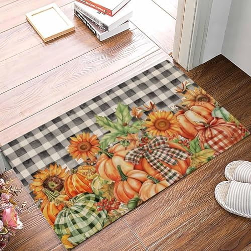 Doormat Indoor Home Decor Door Mat Pumpkins Green Orange Fall Floor Rugs for Kitchen Bathroom Thanksgiving Black Plaid Rustic Funny Welcome Mat 17x30 Inch.