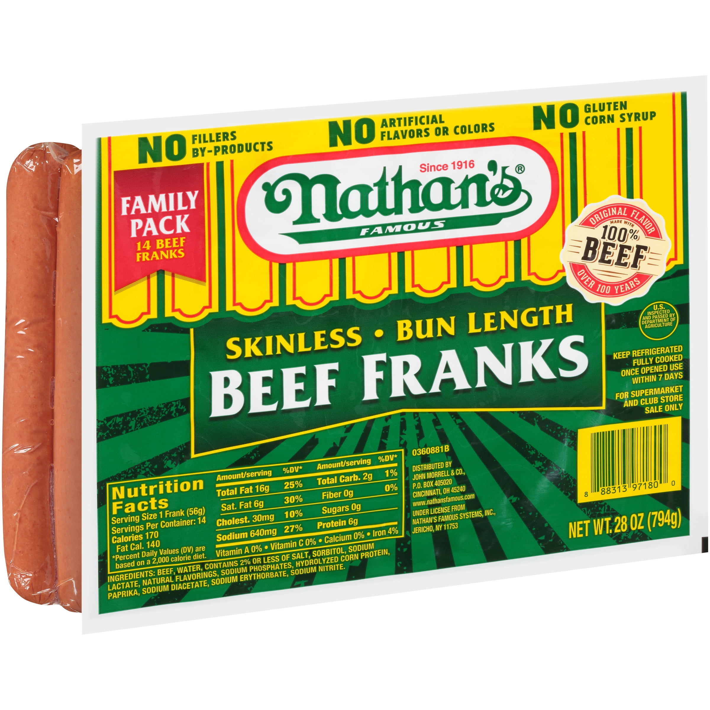 Nathan's Skinless All Beef Hot Dogs, Bun Length, 1.75 lb