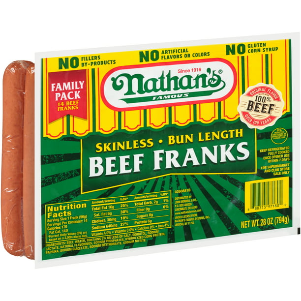 Nathan's Skinless All Beef Hot Dogs, Bun Length, 1.75 lb 