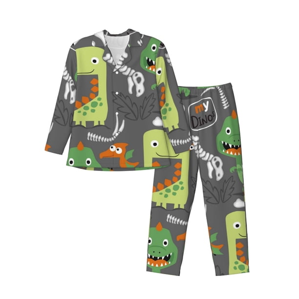Fotbe Cartoon Dinosaurs Pijama de Hombre con Estampado de Manga Larga, Conjunto de 2 Piezas, Ropa de Dormir Suave y Cómoda con Bolsillos-X-Large