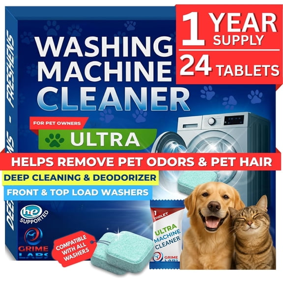 Washing Machine Cleaner Ultra – Pet Owners Edition | Deep Cleaning & Freshening | Removes Odors & Residue from Pet Laundry | Front & Top Load Washers HE Supported | 24 Tablets 1 Year Supply