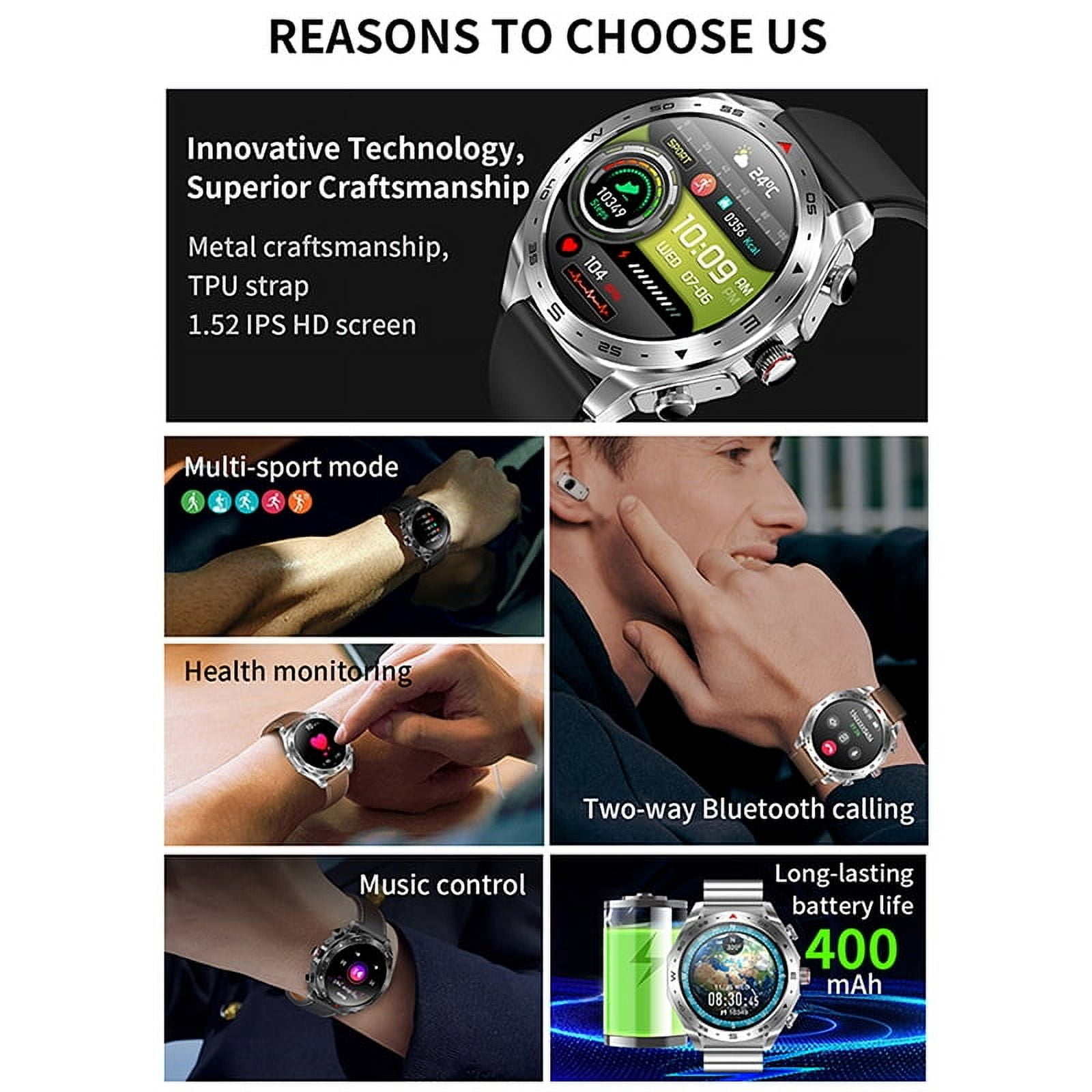 Rainbuvvy T95 Smart Watch 1.52 Inch Portable Earphones Built-in Charging Box Exercise Record Health Monitoring Can Answer/Make Calls Sports Watch (Free Black Silicone Strap with Purchase)
