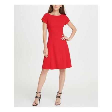 DKNY Womens Red Short Sleeve Jewel Neck Knee Length Fit + Flare Dress Size: 6