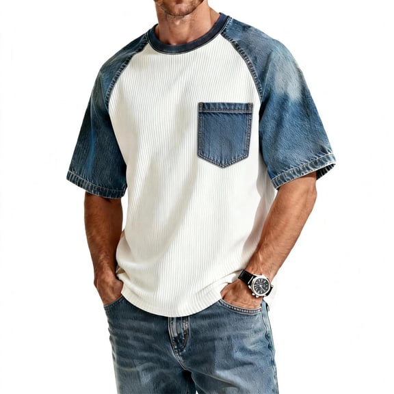 Hearthz Mens Denim Shirt Patchwork Raglan Mens Short Sleeve Shirts Crew Neck Lightweight Running Gym Basketball Jersey with Pocket Blue S